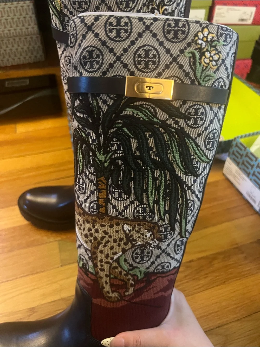 Tory Burch Tall Logo Jacquard T Hardware Embroidered Needlepoint Boot in Navy: 6